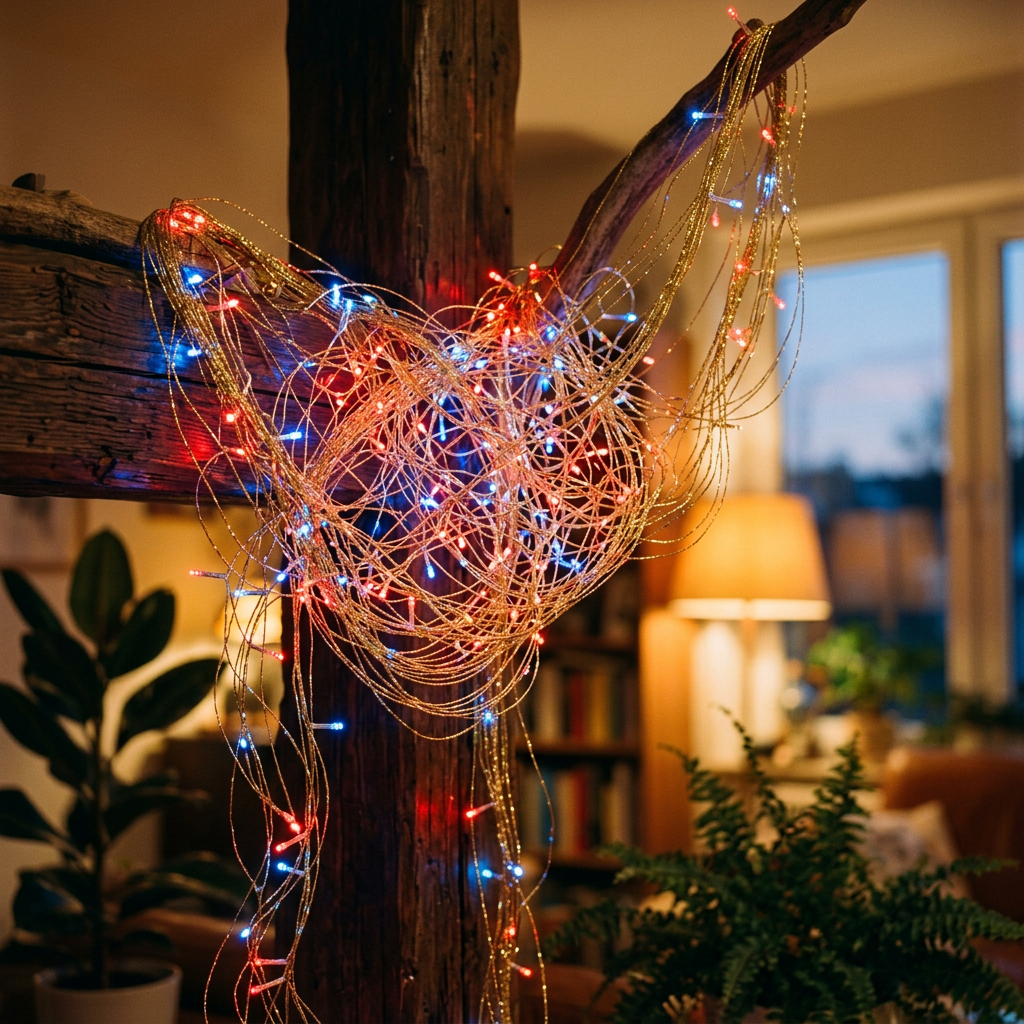 Red and blue string lights tangled on a dark wooden beam indoors